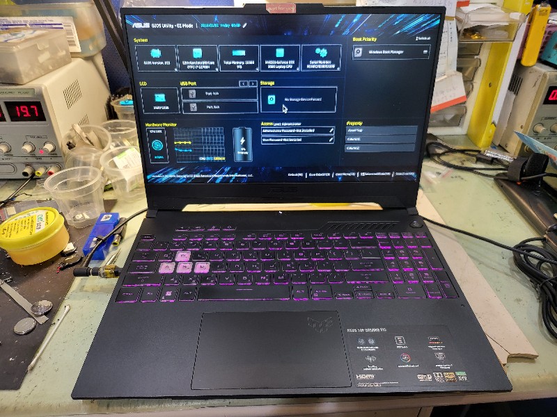 Asus fx507 cpu i7 12700H客戶換硬碟時不小心短路機板，零件燒掉，保固內客戶送原廠不處理後，再轉送到本店，拆主機板查修訊號，主機板3v電壓短路，查很多電源模組ic後確定零件故障更換ok，開機，功能全測試ok,交機，有同問題不開機，不過電，都可送到門市或來電洽詢，專業筆電主機板維修，@nb3c
